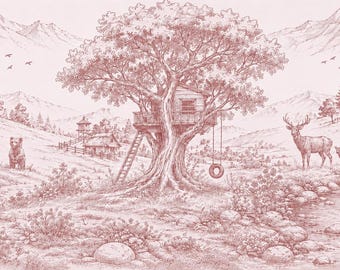 Mural Papel Tapiz Toile – Décor Habitación Niños Casa Árbol Rosa – Elefante Jirafa Adhesivo – Mural Nursery Toile Francés