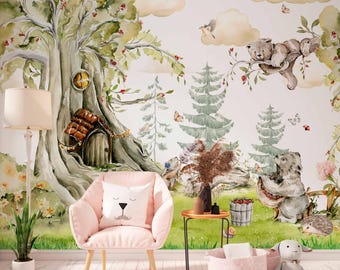 Fairy Forest Animal Wallpaper Nursery Wall Mural for Boys or Girls Room Decor, Magical Kids Room, Woodland Animals, Fairy Tale Nursery
