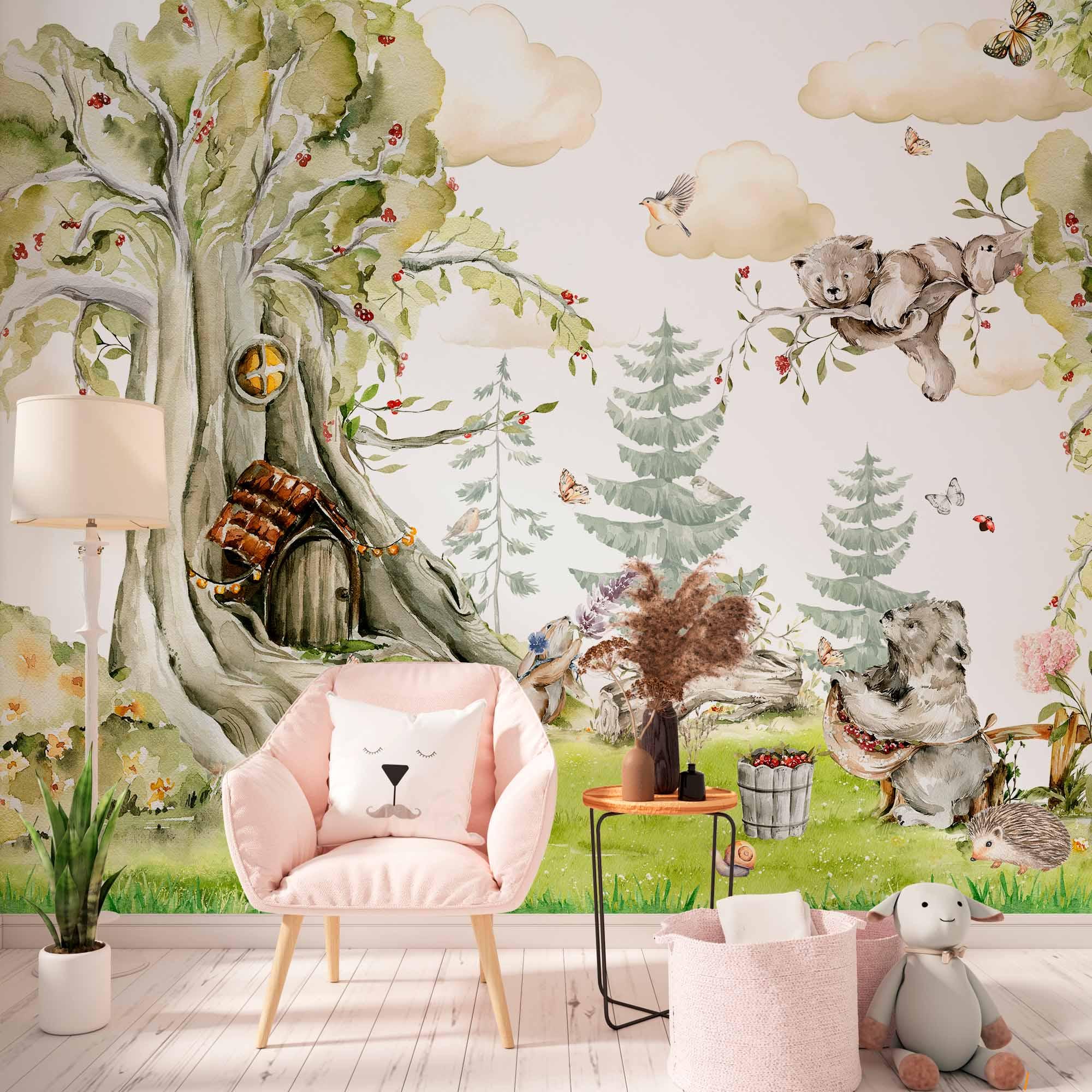 Fairy Forest Animal Wallpaper – Whimsical Woodland Mural for Nursery – Baby Girl & Boy Room Wall Decor – Tree House Forest Mural