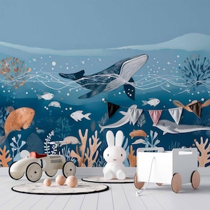 Underwater Sea Life Wallpaper, under the Sea Fish Wall Mural  -Nursery marine themed Kids Room decor