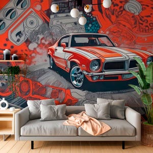 Carta da parati murale per auto d'epoca - Decorazione murale per auto rossa brillante - Arte murale per auto sportive - Carta da parati murale per auto Carta da parati tradizionale non tessuta non incollata