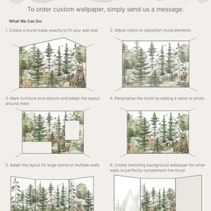 May include: An informational graphic titled Custom orders detailing services for custom wallpaper murals. It displays six numbered examples of forest-themed wall art featuring bears, deer, and trees, with text instructions for ordering and sizing.