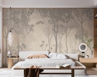 Mural Papel Tapiz Bosque Brumoso – Mural Beige Woodland – Siluetas Árboles Adhesivo Neutro – Decoración Botánica Salón
