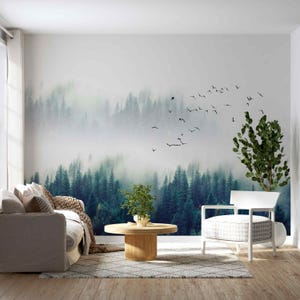 Misty Forest Wall Mural-Tranquil Evergreen Landscape with Birds - Enchanting Evergreen Trees in Fog Nature Wallpaper-Serene Forest Wallpaper