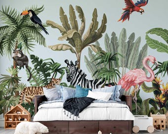 May include: A wall mural featuring a lush jungle scene with a toucan, a monkey, a leopard, a zebra, a flamingo, and a parrot. The mural is set against a light blue background with various green tropical plants and palm trees.