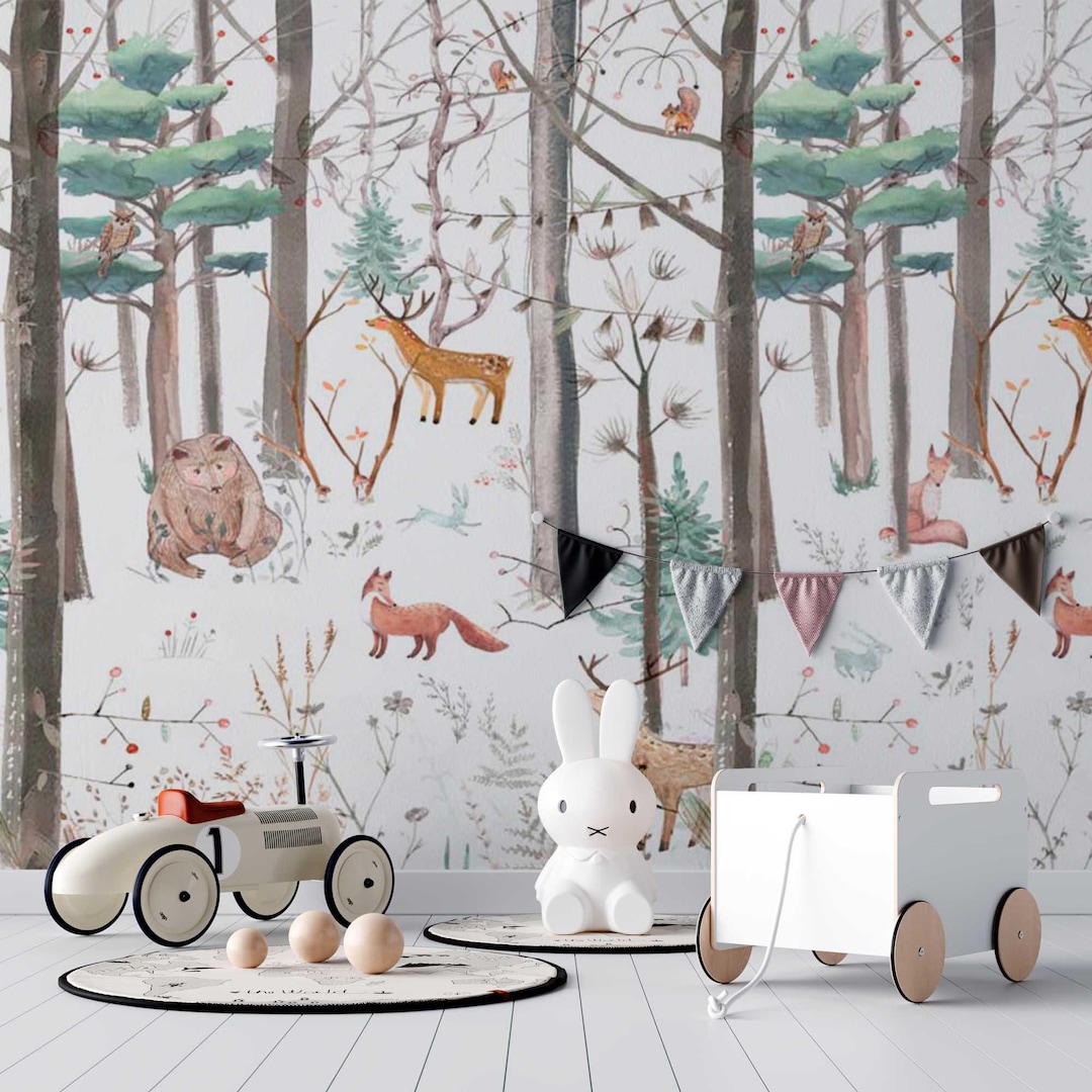 Woodland Animals Nursery Wall Mural, Forest Deer Fox Bear Kids Room ...