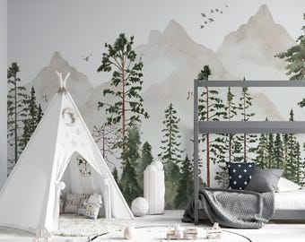 Forest Wall Mural for Kids Room, Pine Trees Mountain Wallpaper, Neutral Woodland Nursery Peel and Stick Wallpaper