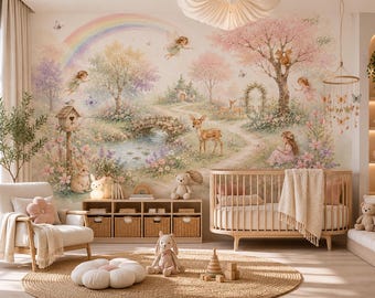 Fairy Wallpaper for Girls Room, Woodland Animals Wall Mural with Rainbow Deer and Flowers, Peel and Stick Nursery