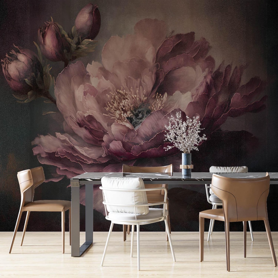 Dark Floral Peel and Stick Mural, Removable Peony Wallpaper, Botanical ...