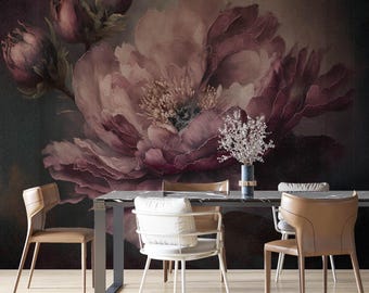 Mural Floral Oscuro Autoadhesivo, Papel Pintado de Peonía Removible, Decoración Botánica para Comedor