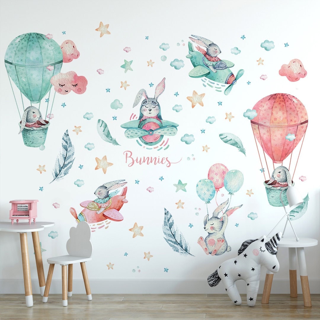 Bunny Wall Decals for Kids Rooms- Cute Rabbits Wall Stickers Peel and ...
