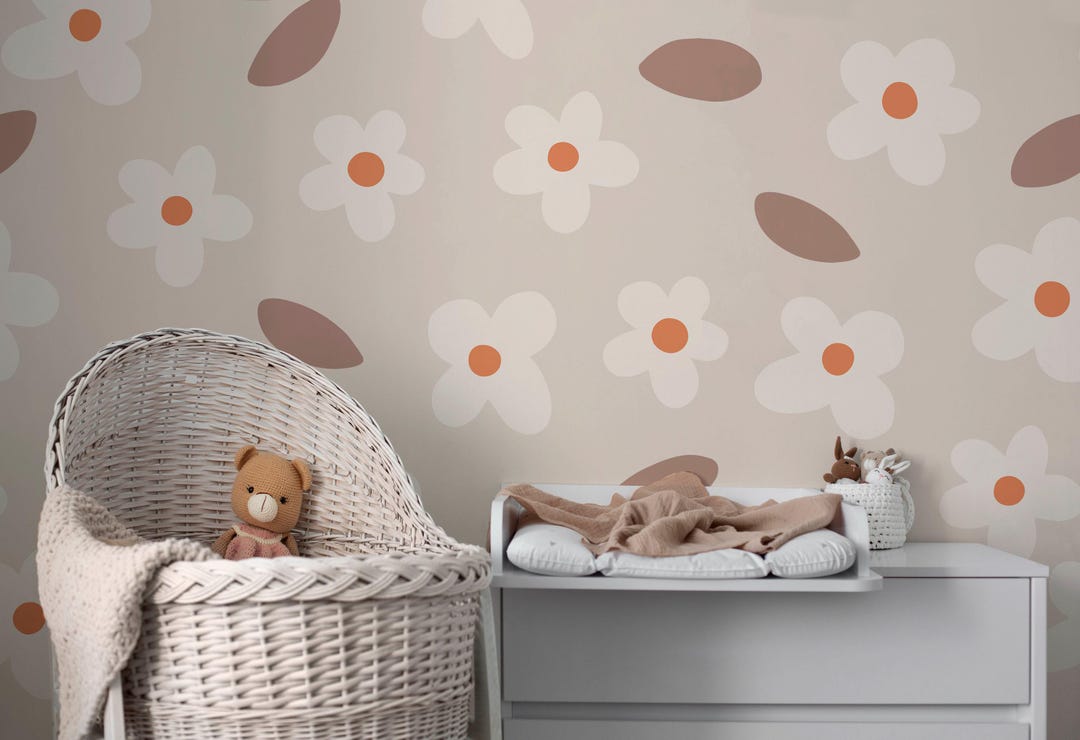 Daisy Wallpaper Mural – Minimalist Floral Wall Mural – Neutral Boho ...