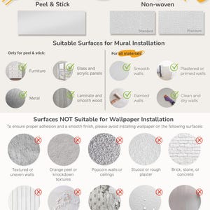 May include: An instructional infographic titled Wall Surface Requirements detailing suitable and unsuitable surfaces for mural and wallpaper installation. It features icons with green checkmarks for compatible surfaces and red X marks for incompatible ones.