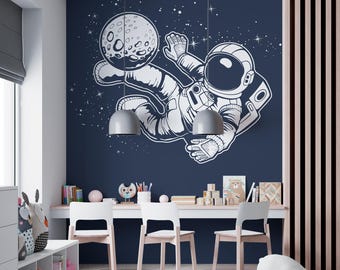 Astronaut Moon Graphic Wallpaper for Boys Teen Room – Peel and Stick Space Wall Mural – Navy Blue Kids Bedroom Accent Wall – Custom Size
