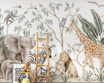 Safari Animals Elephant Giraffe Lion Wallpaper for Kids Room – Peel and Stick Jungle Wall Mural – Tropical Nursery Accent Wall – Custom Size