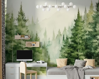 Forest Wall Mural for Kids Room, Watercolor Pine Trees Wallpaper, Green Woodland Nursery Peel and Stick Wallpaper