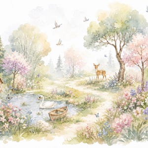 May include: A watercolour illustration of a serene forest landscape featuring a small pond with a white swan and a wooden rowboat. A birdhouse stands on a post nearby, while a deer stands on a path surrounded by blooming flowers and trees.