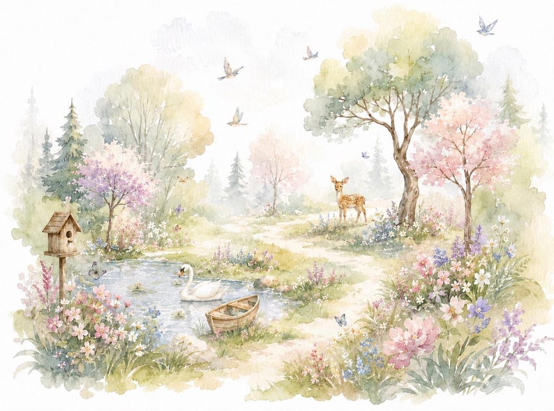 May include: A watercolour illustration of a serene forest landscape featuring a small pond with a white swan and a wooden rowboat. A birdhouse stands on a post nearby, while a deer stands on a path surrounded by blooming flowers and trees.
