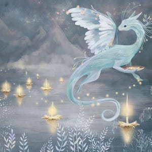 A serene wallpaper featuring a graceful, winged dragon with delicate floral accents hovering above a tranquil lake. The dragon is illuminated by glowing floating candles, surrounded by soft foliage and a backdrop of misty mountains under a starry sky