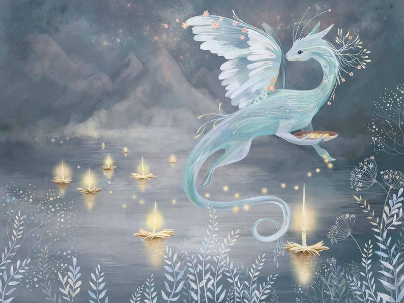 A serene wallpaper featuring a graceful, winged dragon with delicate floral accents hovering above a tranquil lake. The dragon is illuminated by glowing floating candles, surrounded by soft foliage and a backdrop of misty mountains under a starry sky