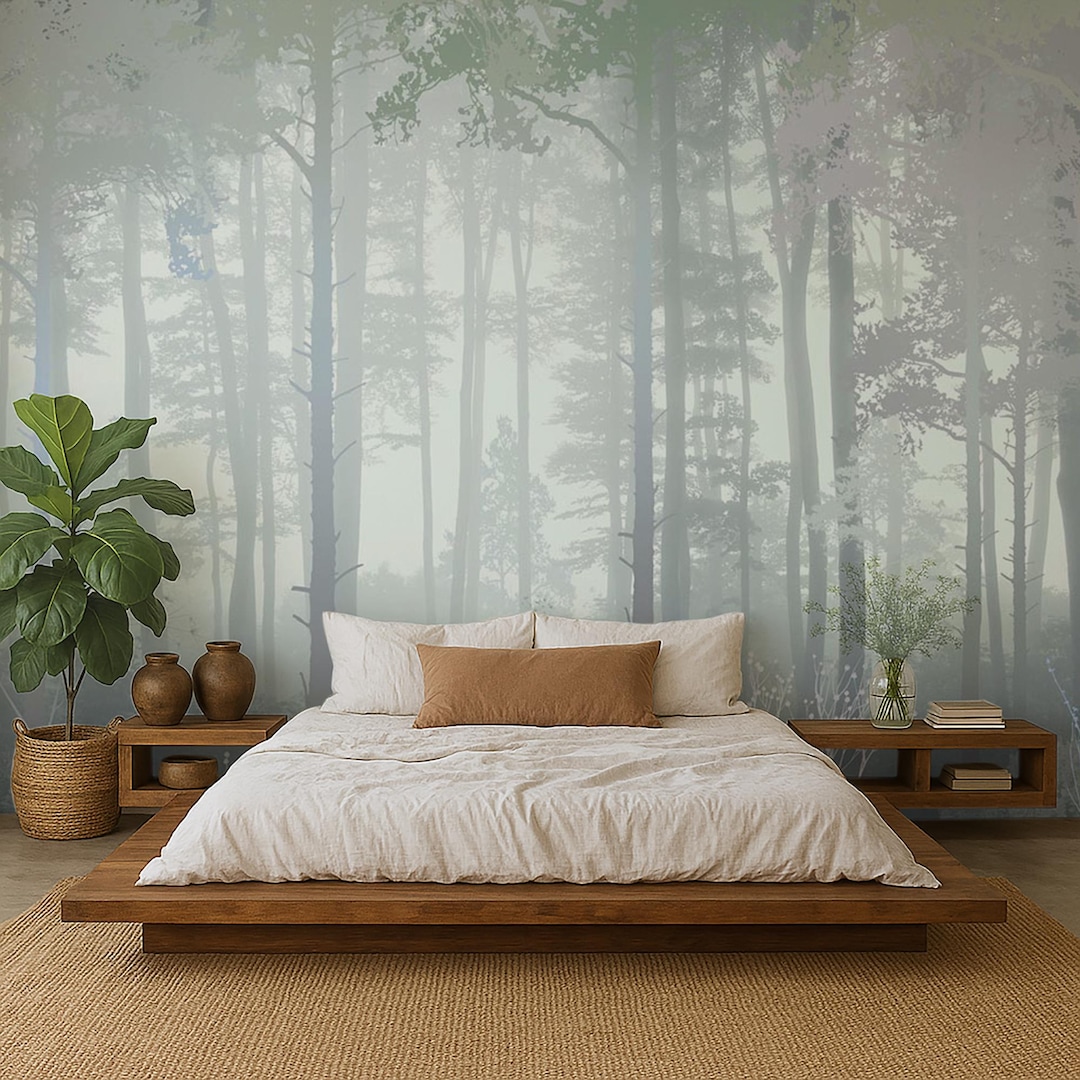 Misty Forest Wallpaper Mural – Pine Tree Wall Mural – Blue Gray Bedroom ...