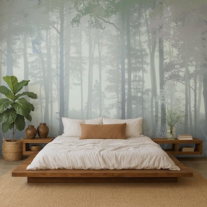 Enchanted Pine Mist Wall Mural – Luxe Forest Landscape Wallpaper – Japandi & Scandinavian Interior Decor