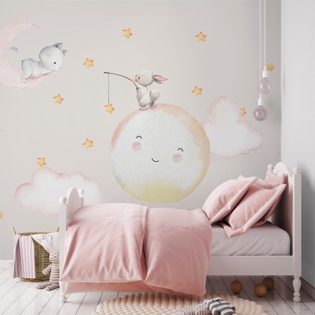 Cute Moon With Stars Wallpaper Mural -baby Girl Boy Room Wall Decor ...
