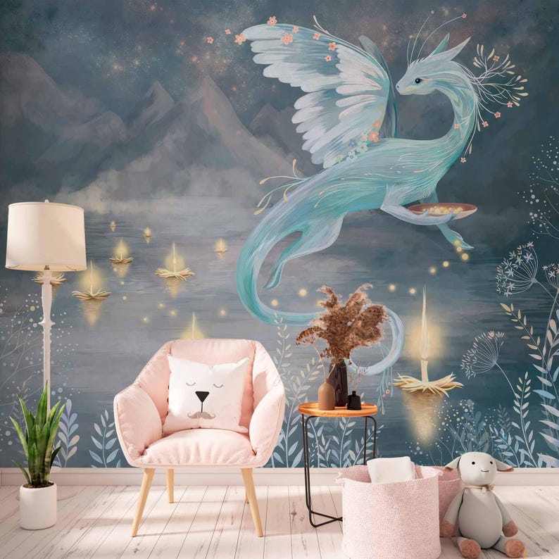 A serene wallpaper featuring a graceful, winged dragon with delicate floral accents hovering above a tranquil lake. The dragon is illuminated by glowing floating candles, surrounded by soft foliage and a backdrop of misty mountains under a starry sky