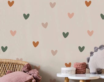 Boho Hearts Wallpaper Mural – Neutral Nursery Wall Decor – Green Pink Peel and Stick – Minimalist Heart Kids Room Mural