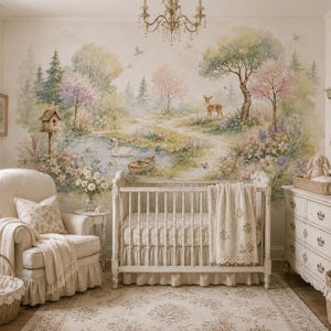 May include: A nursery room featuring a large watercolour wall mural of a forest landscape with a deer, a swan on a pond, and a small boat. The room includes a white wooden crib, a cream-coloured upholstered armchair, a dresser, and woven baskets.