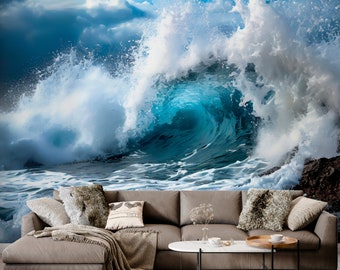 Ocean Wave Wall Mural, Dramatic Sea Storm Wallpaper, Blue Turquoise Coastal Wall Art, Peel and Stick Custom