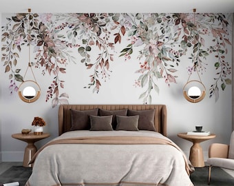 Botanical Wallpaper Floral Seamless Border Plant Motifs Tropical Wall Mural  - Flowers Wallpaper No-Woven - Floral Art Wall Mural