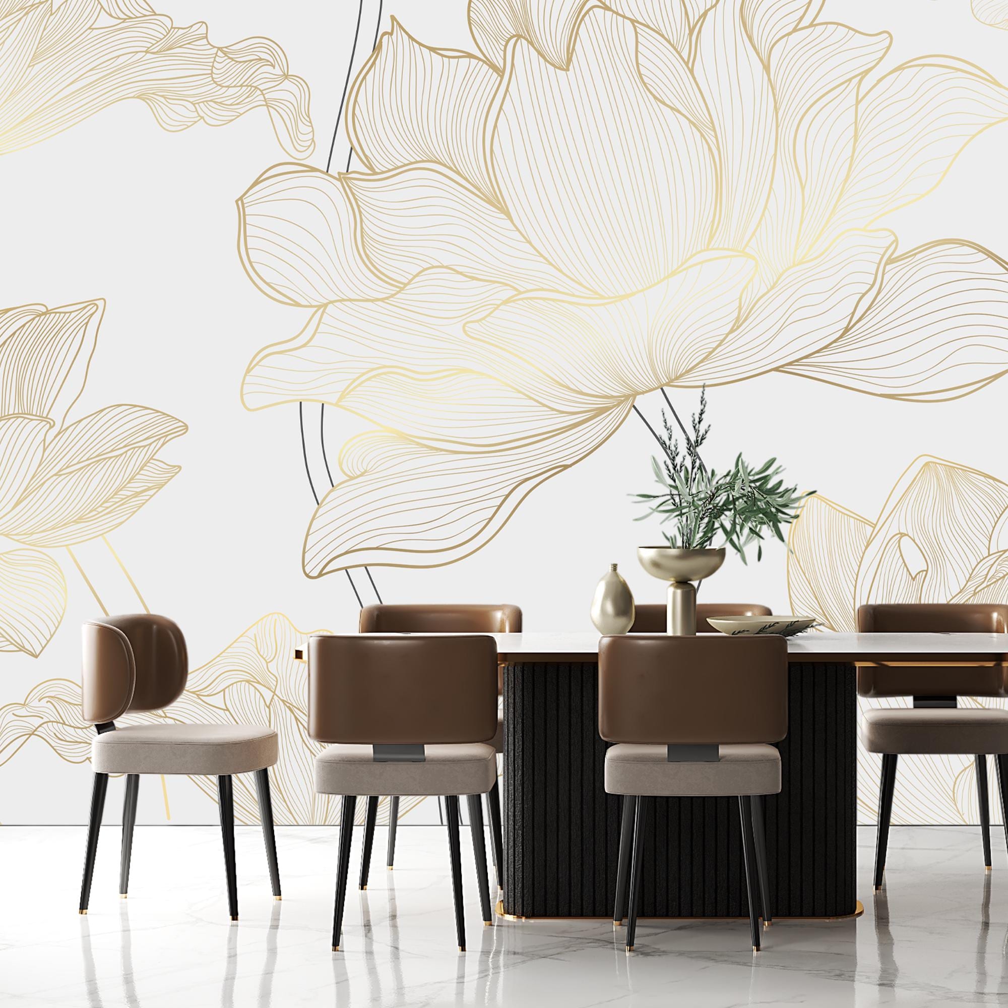 Gold Lotus Wallpaper Mural – Floral Line Art Wall Mural – Elegant Beige ...