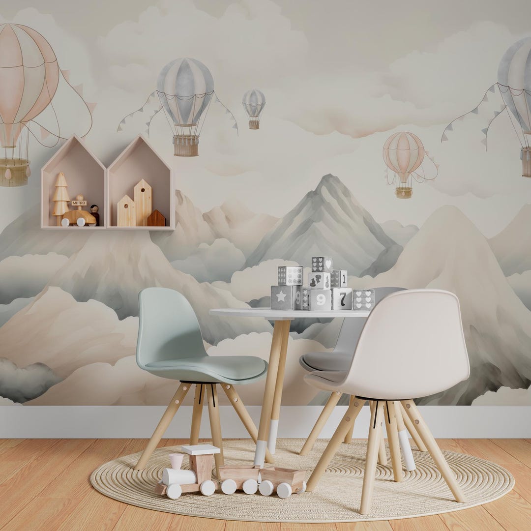 Hot Air Balloon Mountains Wallpaper Mural – Peel and Stick Nursery Wall ...