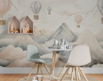 Hot Air Balloon Mountains Wallpaper Mural – Peel and Stick Nursery Wall Decor – Watercolor Clouds Neutral Kids Room – Custom Size