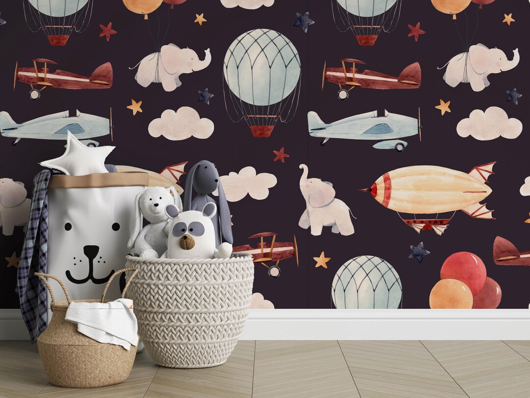 Aviation Kids Wallpaper With Airplanes and Hot Air Balloons, Nursery ...