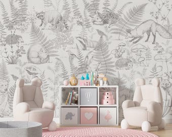 Woodland Animals Fern Sketch Wallpaper for Kids Room – Peel and Stick Forest Wall Mural – Fox Rabbit Deer Owl Nursery Accent Wall – Custom