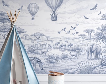 Safari Wallpaper for Boys Room, Blue Toile Wall Mural with Hot Air Balloons and African Animals, Peel and Stick