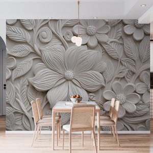 Carta da parati 3D con fiori bianchi - Carta da parati con effetto gesso con motivo floreale - Carta da parati decorativa tradizionale in tessuto non tessuto con motivo floreale da staccare e attaccare