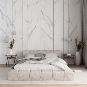 White Calacatta Marble Tile Effect Wallpaper Mural-Seamless Stone Texture Wall Covering-Realistic Tile Pattern Modern Interior Wall Decor