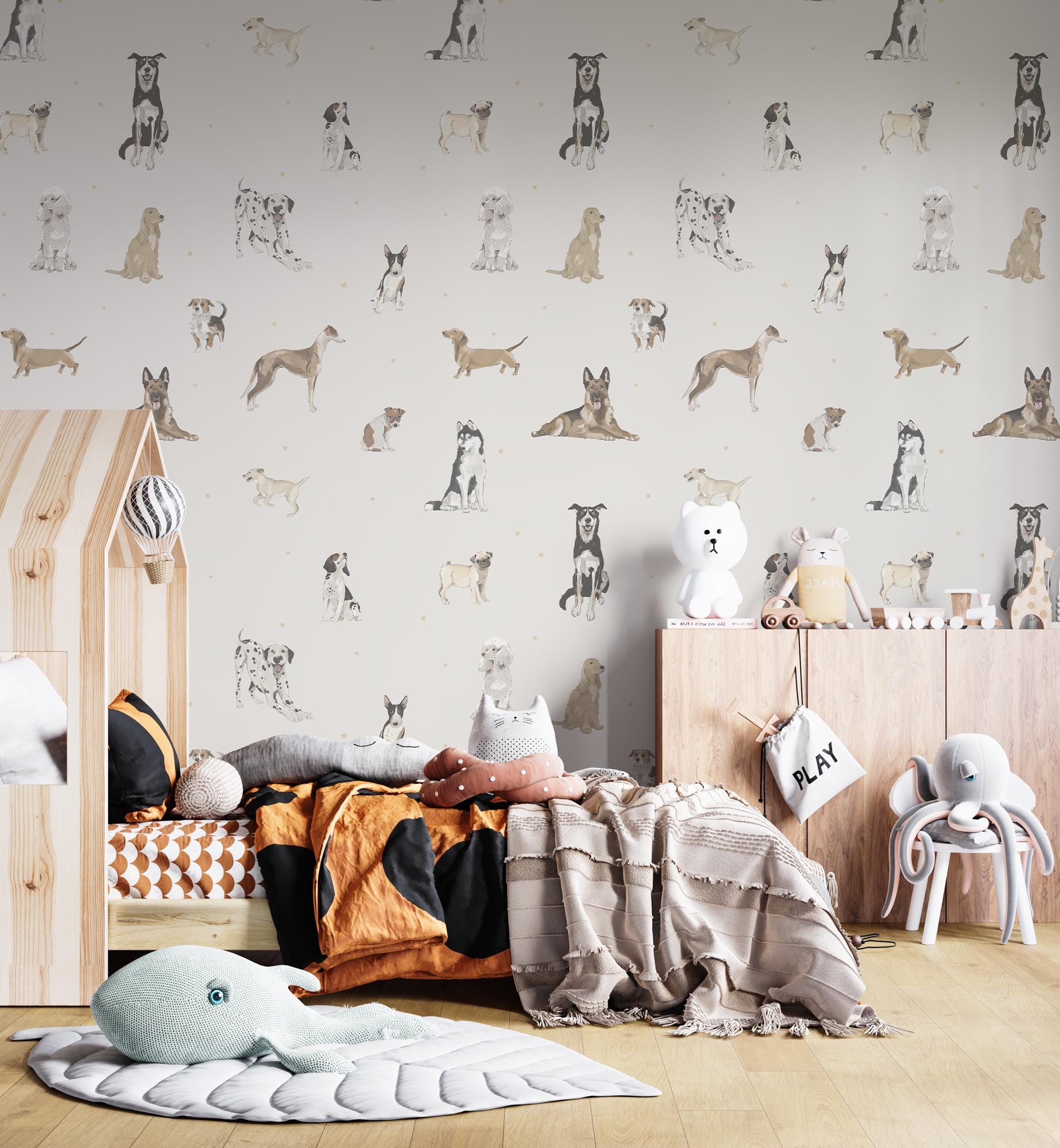 Dogs Pattern Wallpaper for Kids Room, Cute Puppy Nursery Wallpaper ...