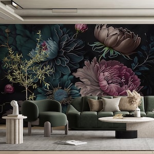 Carta da parati rimovibile scura con fiori di peonia, carta da parati autoadesiva staccabile e attaccabile, murale floreale,