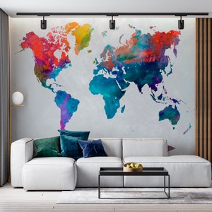 Papier peint mural carte du monde abstrait coloré pour décoration d'intérieur - grande carte du monde du monde - décoration d'intérieur moderne - décoration murale originale