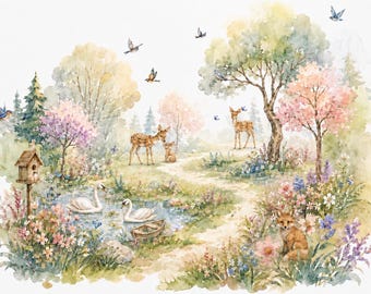 Woodland Tapete für Babyzimmer, Feenwald Wandbild mit Rehen, Regenbogen und Wildblumen, Wanddeko für Mädchenzimmer
