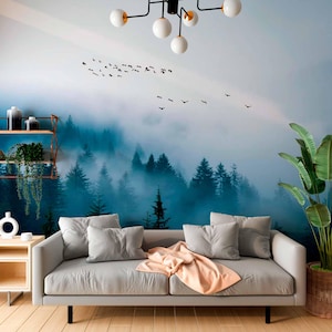 Misty Forest Wall Mural - Enchanting Evergreen Trees in Fog Nature Wallpaper-Tranquil Fogscape Wall Mural - Serene Forest Serenity Wallpaper