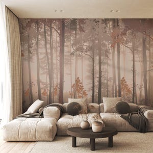 Foggy Pine Forest Wall Mural – Cozy Nature Wallpaper for Bedroom & Living Room
