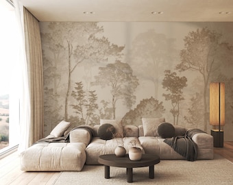 Forest Wall Mural – Papel Pintado de Árboles Beige – Arte Mural de Bosque Tranquilo – Autoadhesivo o No Tejido para Dormitorio o Sala