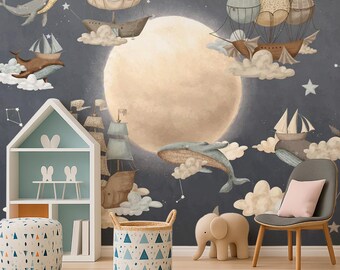 Flying Ships Whales Moon Wallpaper for Boys Nursery – Peel and Stick Night Sky Wall Mural – Airship Kids Room Accent Wall – Custom Size