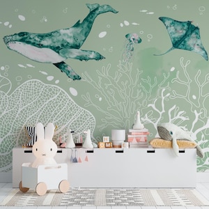 Fresque Murale Créatures Marines pour Chambre Bébé Fille – Baleine, Méduse, Raie – Ambiance Apaisante