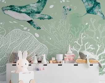 Sea Creatures Wallpaper Mural -Baby Girl Room Wall Decor- Calming Wallpaper Marine Life Scene -Aquatic World Mural-Whale, Jellyfish, Manta
